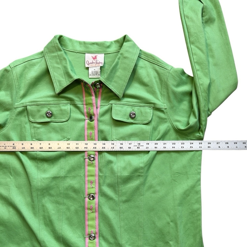 QUACKER FACTORY Green Jacket sz 1X Grosgrain Ribbon Pink Whale Trim Resortwear - Picture 4 of 11